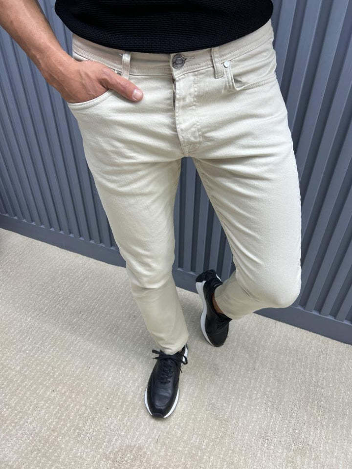 Slim Fit Jeans With Side Pockets - Beige