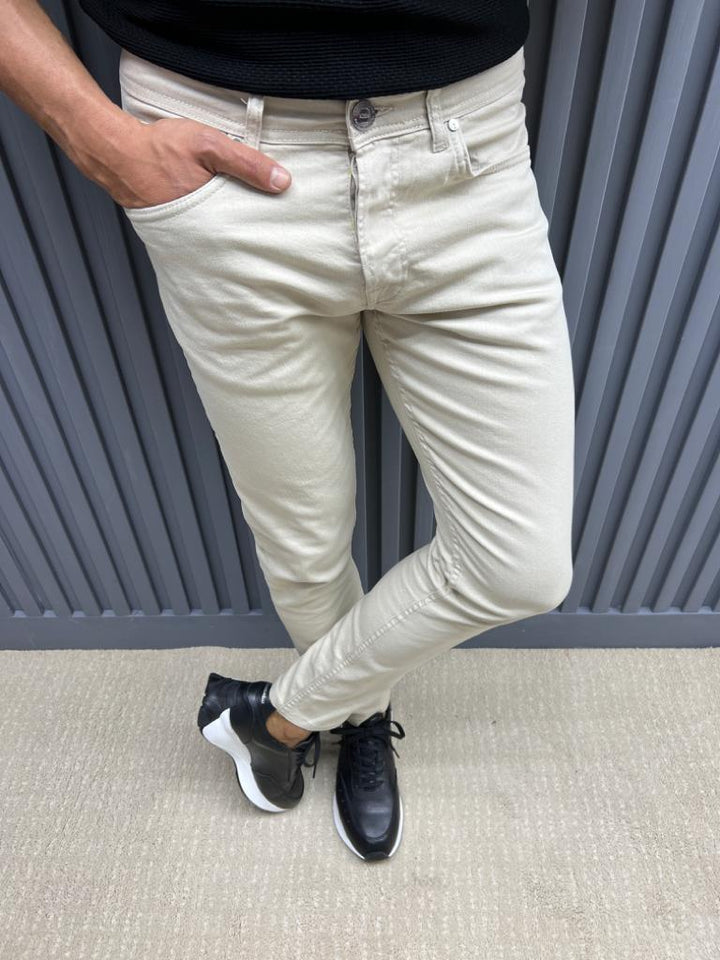 Slim Fit Jeans With Side Pockets - Beige