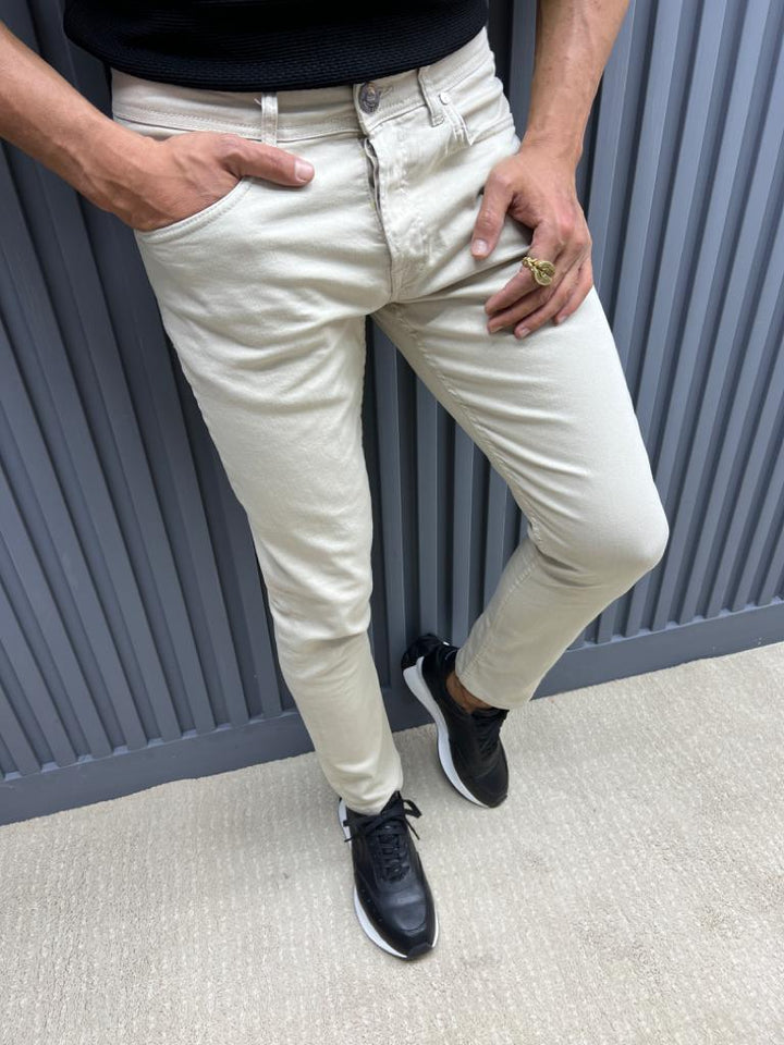 Slim Fit Jeans With Side Pockets - Beige