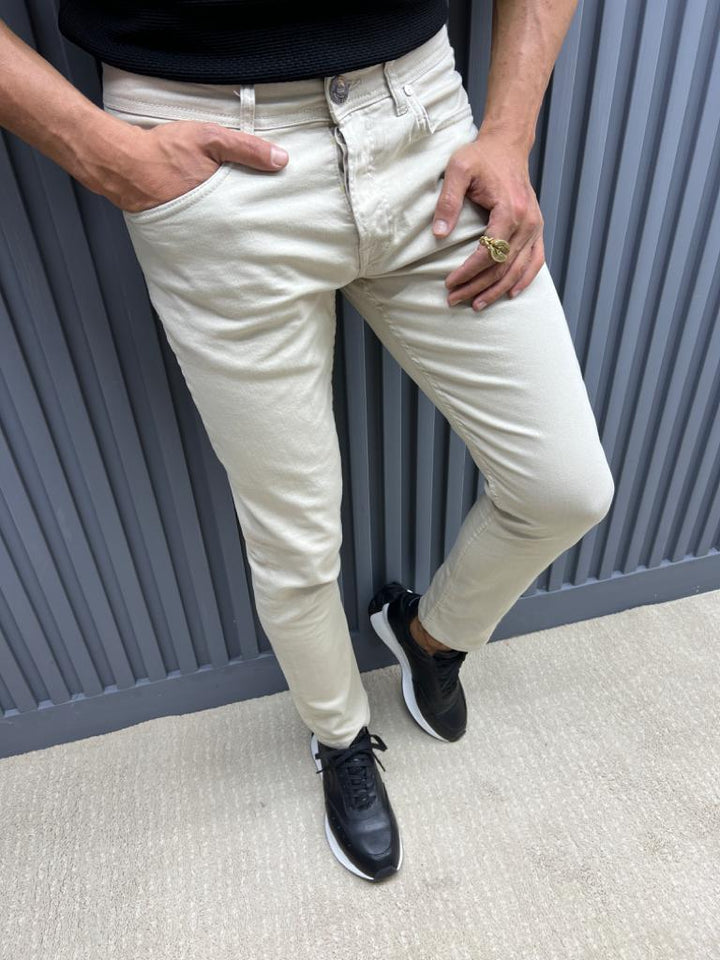 Jean Slim Fit Avec Poches Latérales - Beige