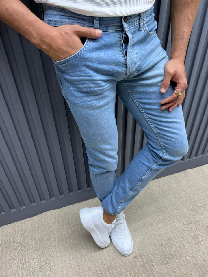 Slim Fit Jeans With Side Pockets - Blue