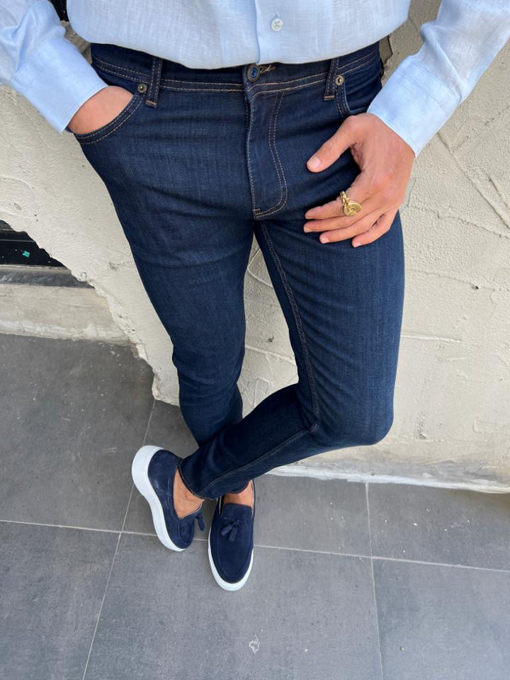 Slim Fit Jeans With Side Pockets -  Navy Blue