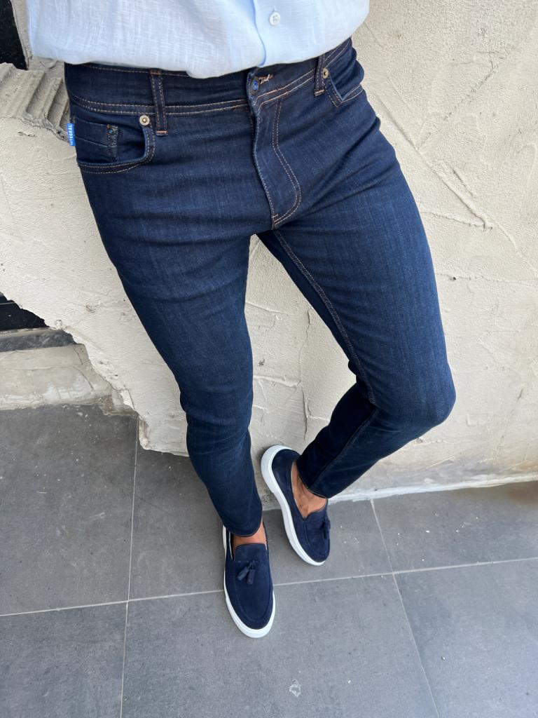 Slim Fit Jeans With Side Pockets -  Navy Blue