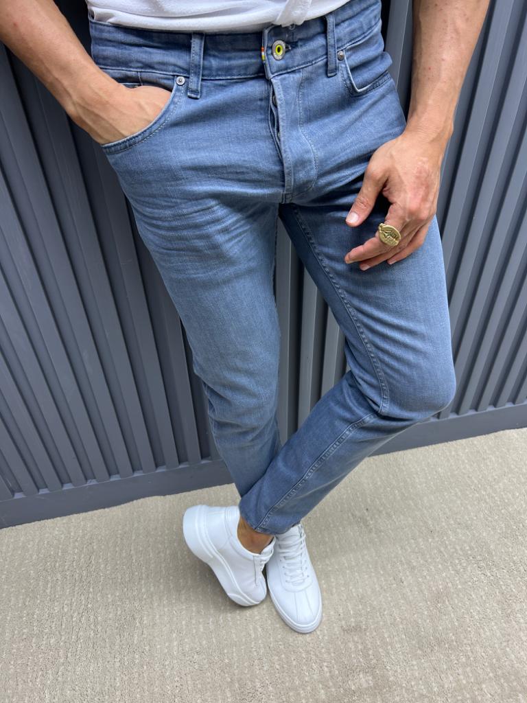 Slim Fit Jeans With Side Pockets - Navy Blue