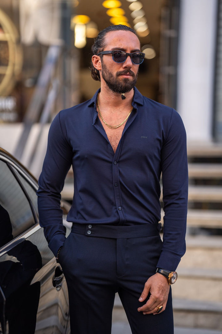 Slim Fit Lycra Long Sleeve Shirt -  Navy Blue