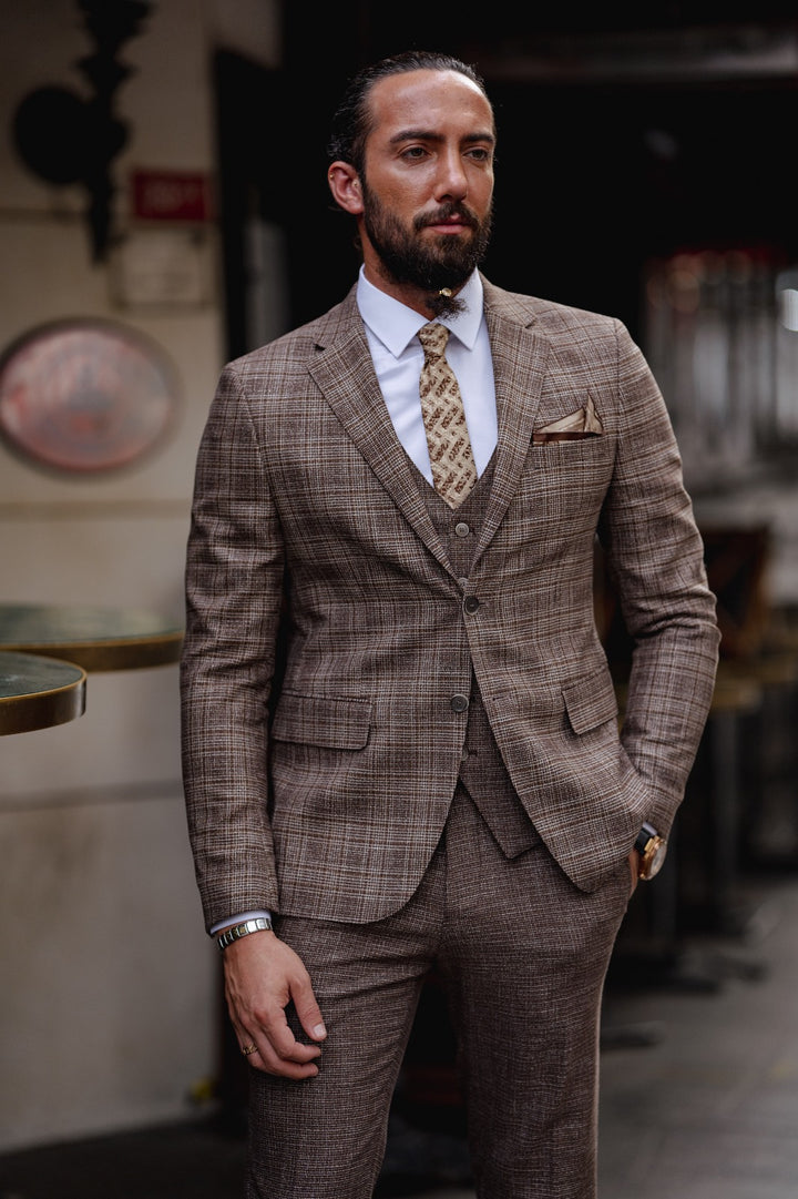 Slim Fit Plaid Detailed Suit - Brown