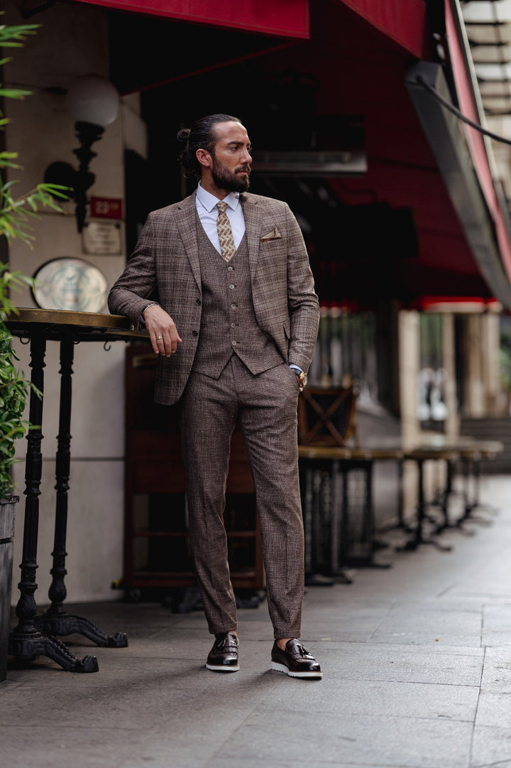 Slim Fit Plaid Detailed Suit - Brown