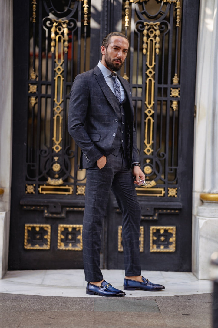 Slim Fit Plaid Detailed Suit - Navy Blue