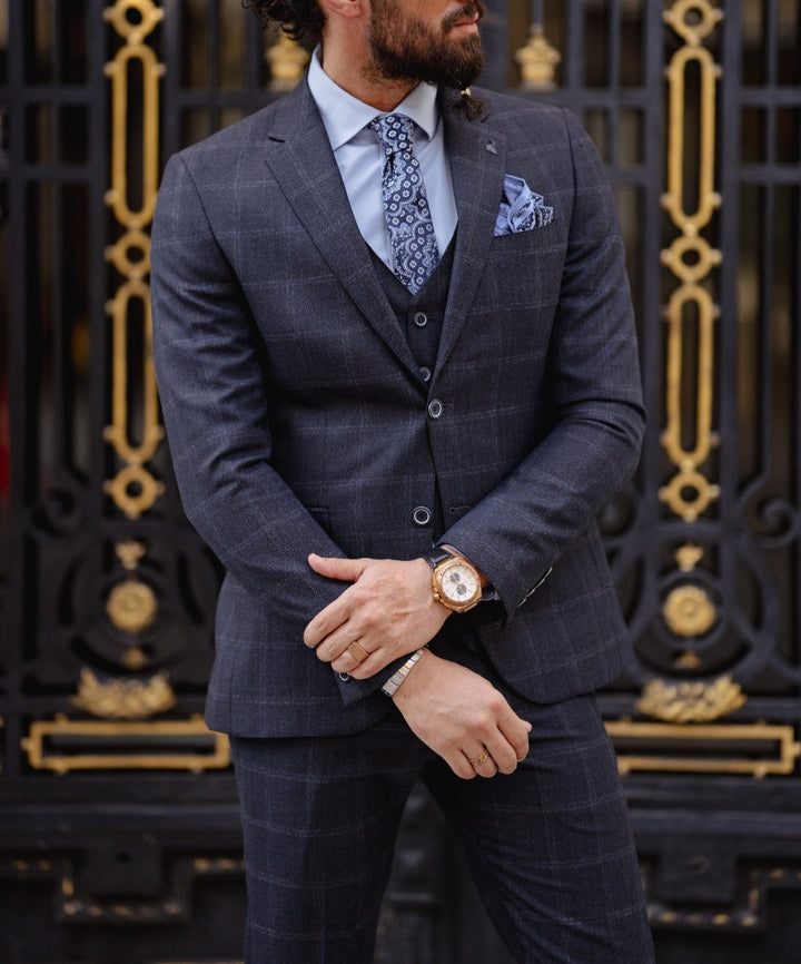 Slim Fit Plaid Detailed Suit - Navy Blue