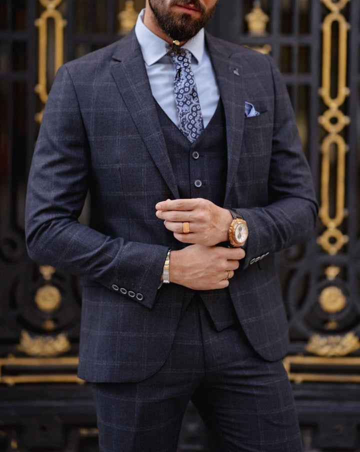 Slim Fit Plaid Detailed Suit - Navy Blue