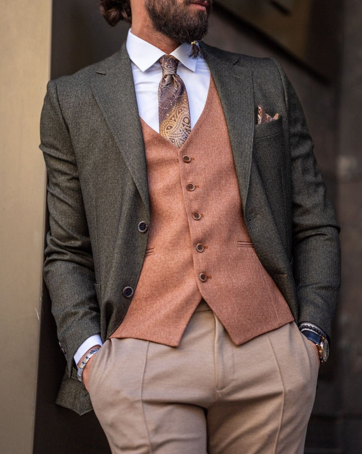 Slim Fit Special Design Combination Suit - Khaki