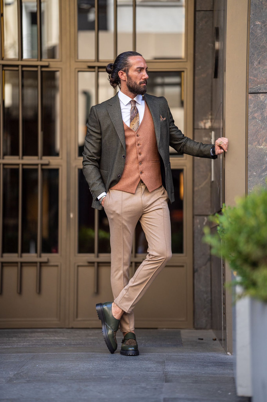Slim Fit Special Design Combination Suit - Khaki
