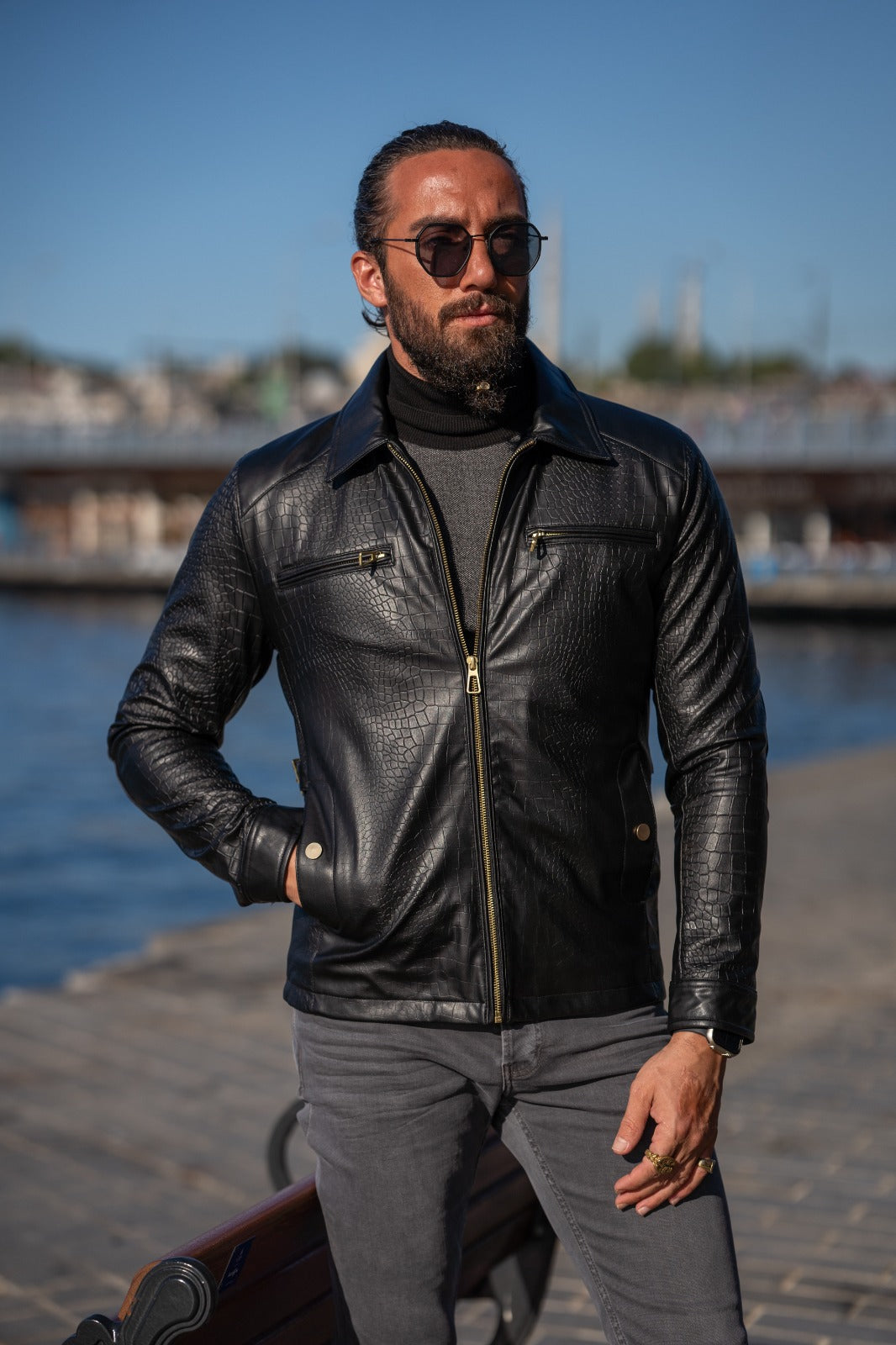 Slim Fit Special Design Leather Jacket - Black