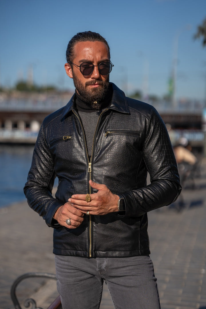 Slim Fit Special Design Leather Jacket - Black