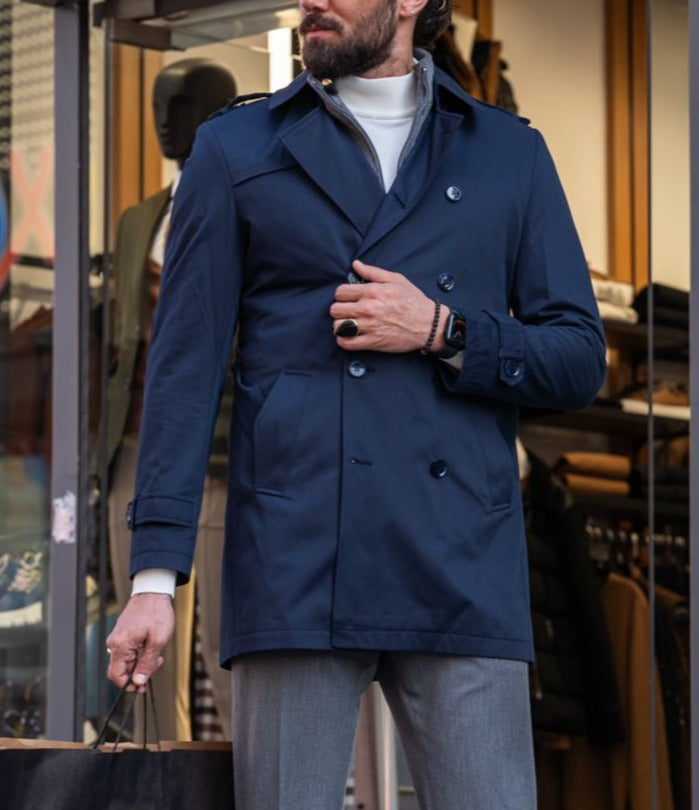 Slim Fit Special Design Wide Collar Trench Coat - Navy Blue