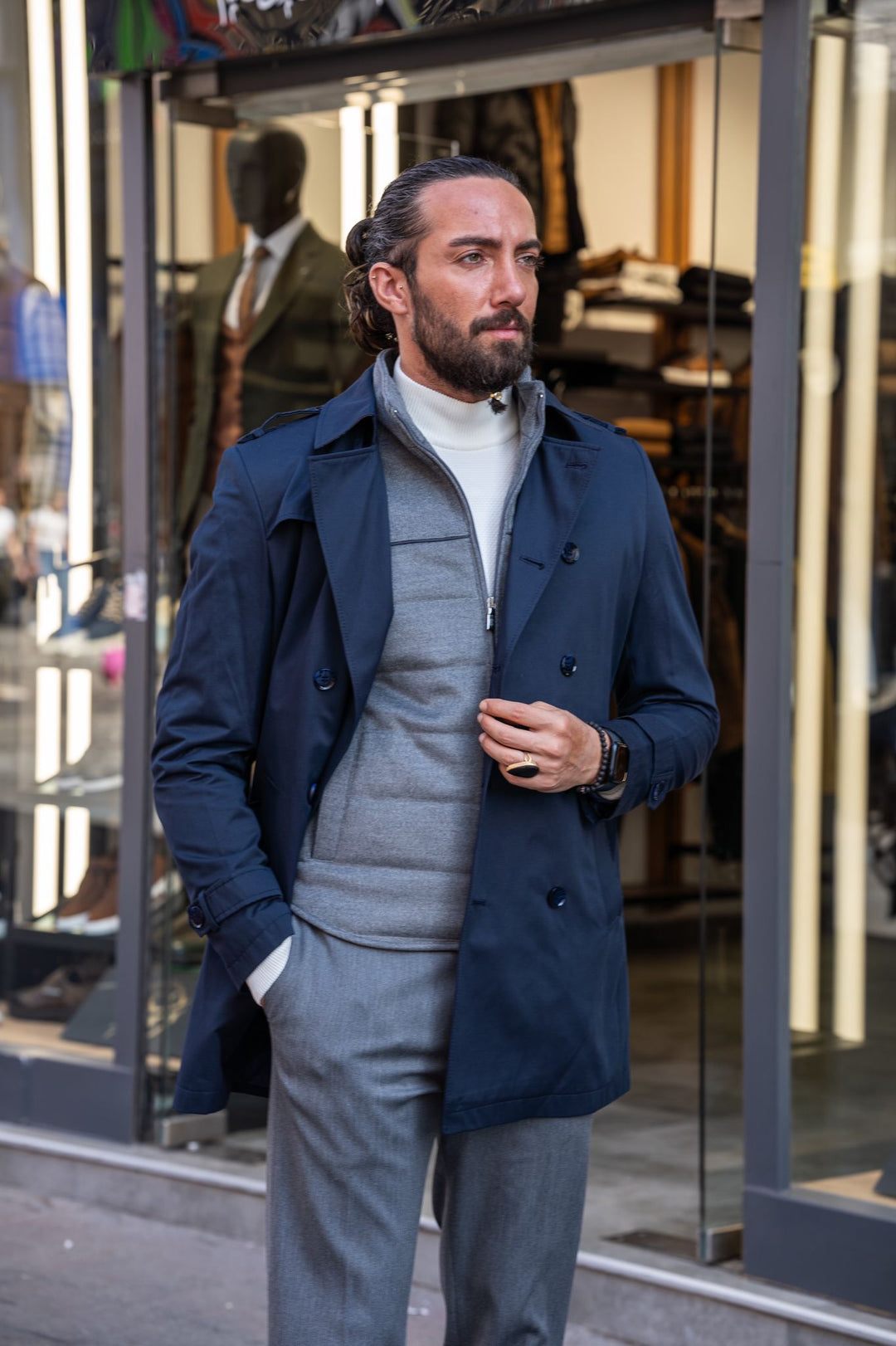 Slim Fit Special Design Wide Collar Trench Coat - Navy Blue