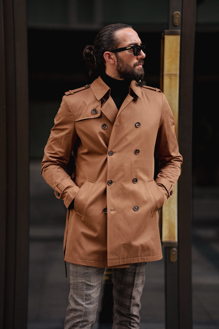 Slim Fit Special Design Wide Collar Trench Coat - Camel