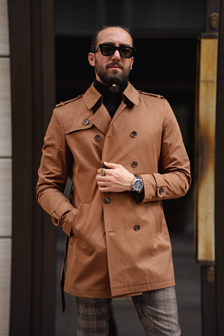 Slim Fit Special Design Wide Collar Trench Coat - Camel