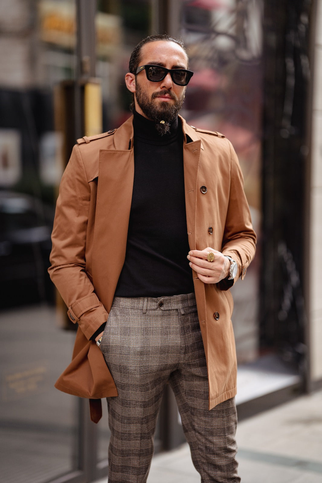 Slim Fit Special Design Wide Collar Trench Coat - Camel