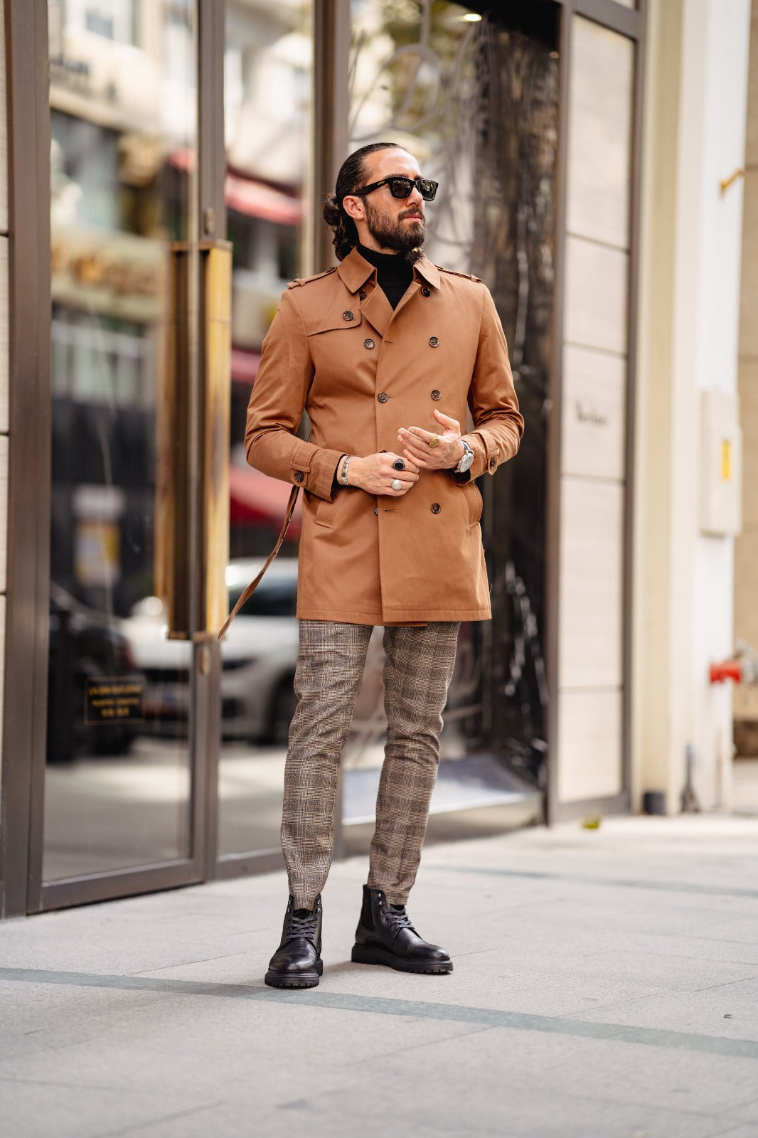 Slim Fit Special Design Wide Collar Trench Coat - Camel