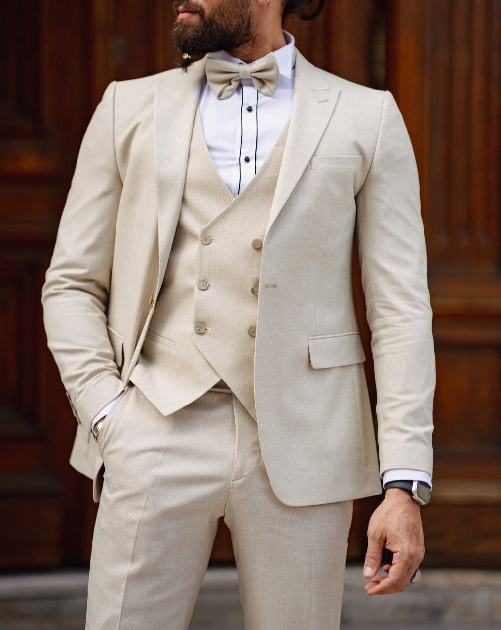 Special Design Linen Fabric Wedding Suit - Beige