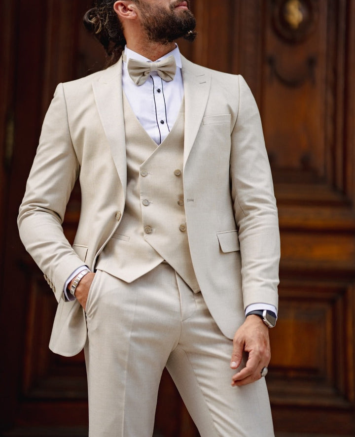 Special Design Linen Fabric Wedding Suit - Beige