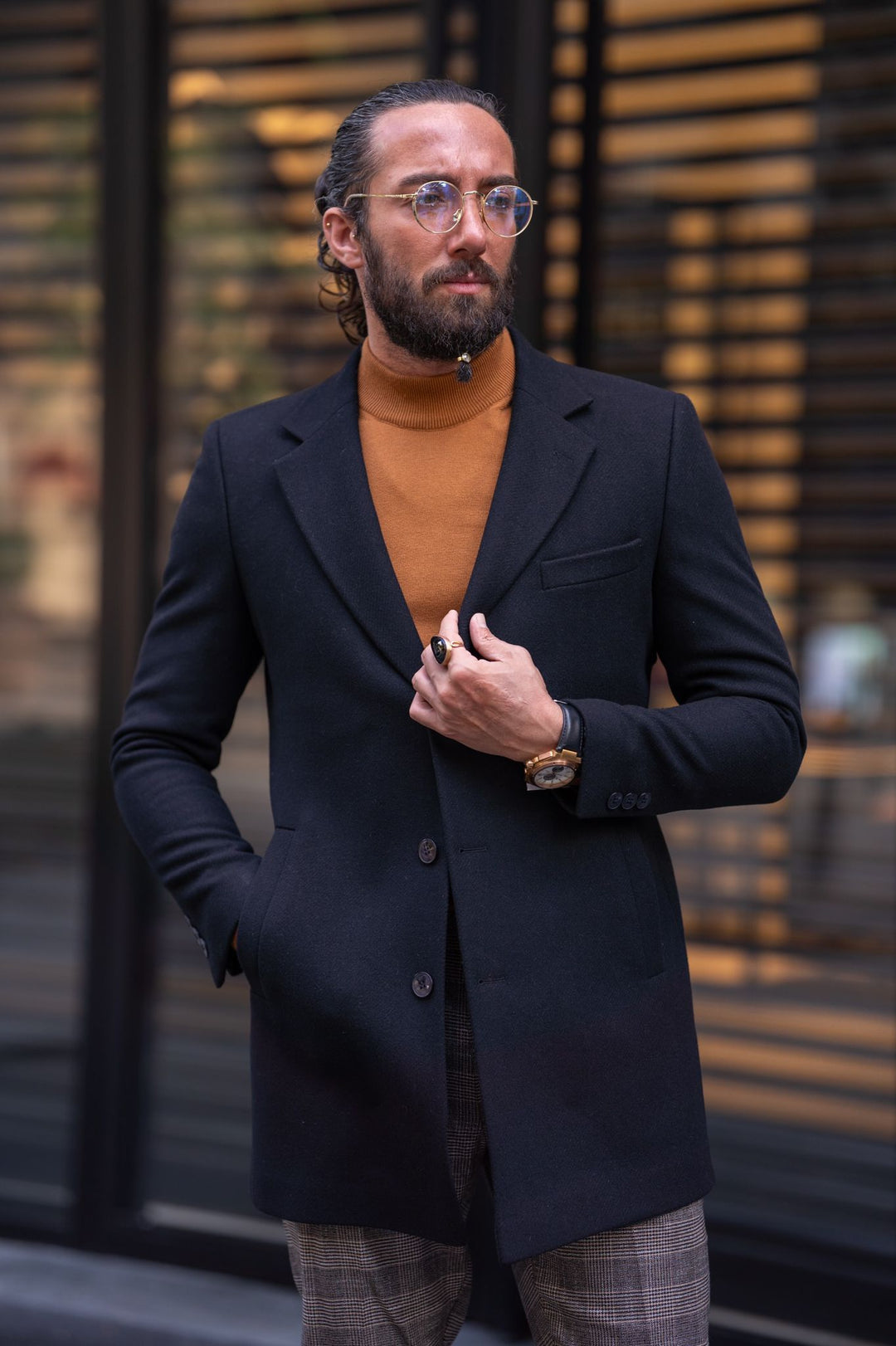 Manteau en cachemire à double boutonnage coupe slim au design spécial - Noir