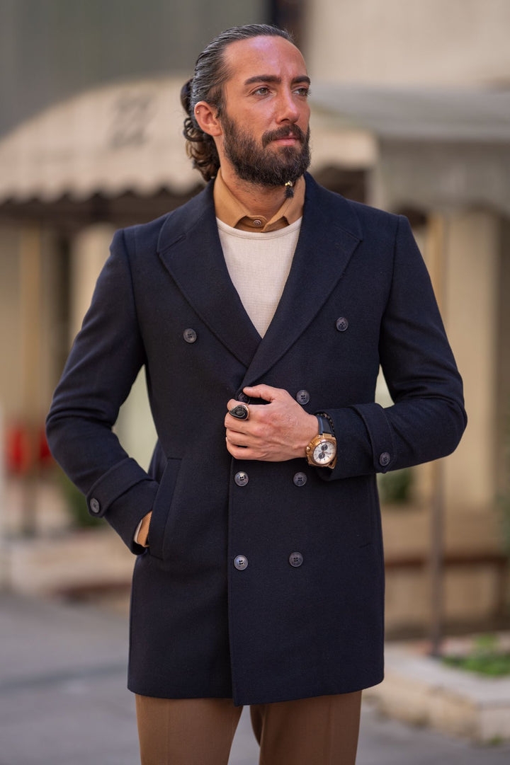 Special Design Slim Fit Double Breasted Cashmere Coat - Black