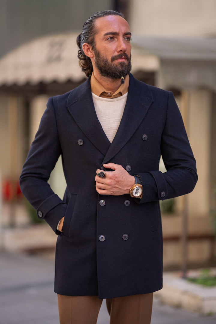 Manteau en cachemire à double boutonnage coupe slim au design spécial - Noir