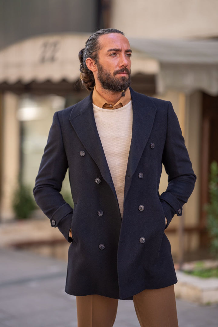 Manteau en cachemire à double boutonnage coupe slim au design spécial - Noir