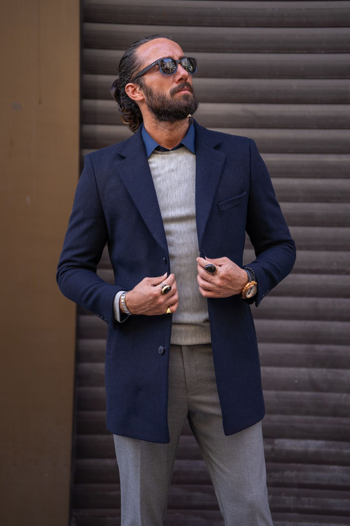 Manteau en cachemire à double boutonnage coupe slim au design spécial - Bleu marine