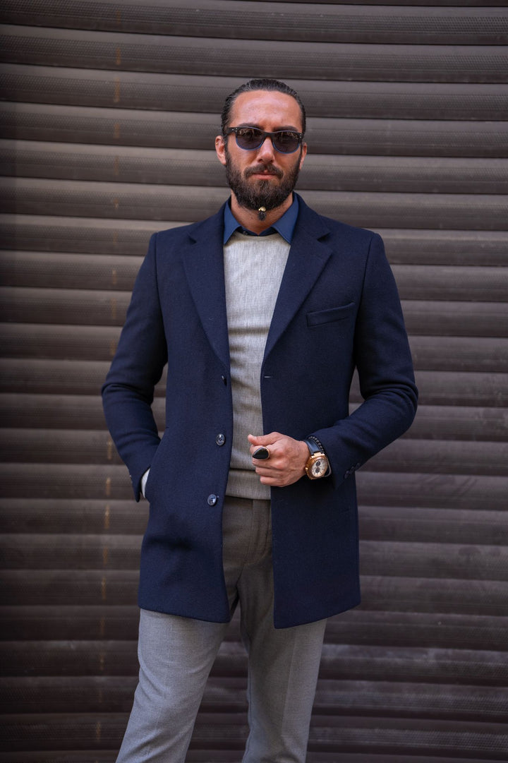 Special Design Slim Fit Double Breasted Cashmere Coat - Navy Blue