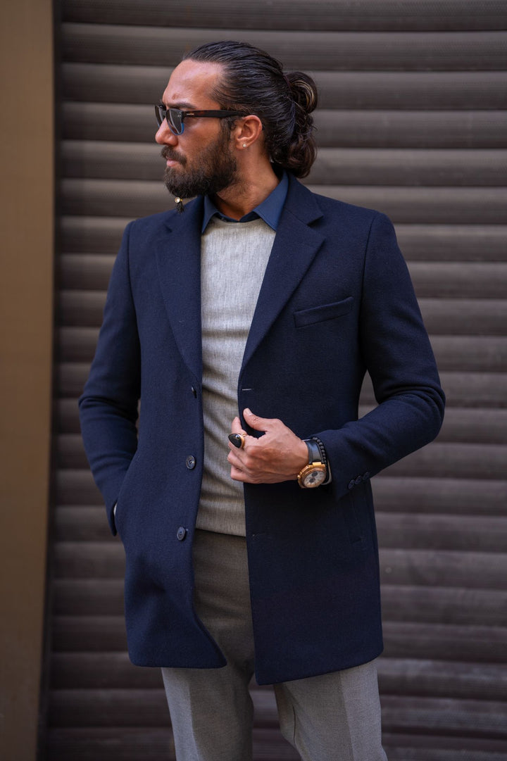 Manteau en cachemire à double boutonnage coupe slim au design spécial - Bleu marine