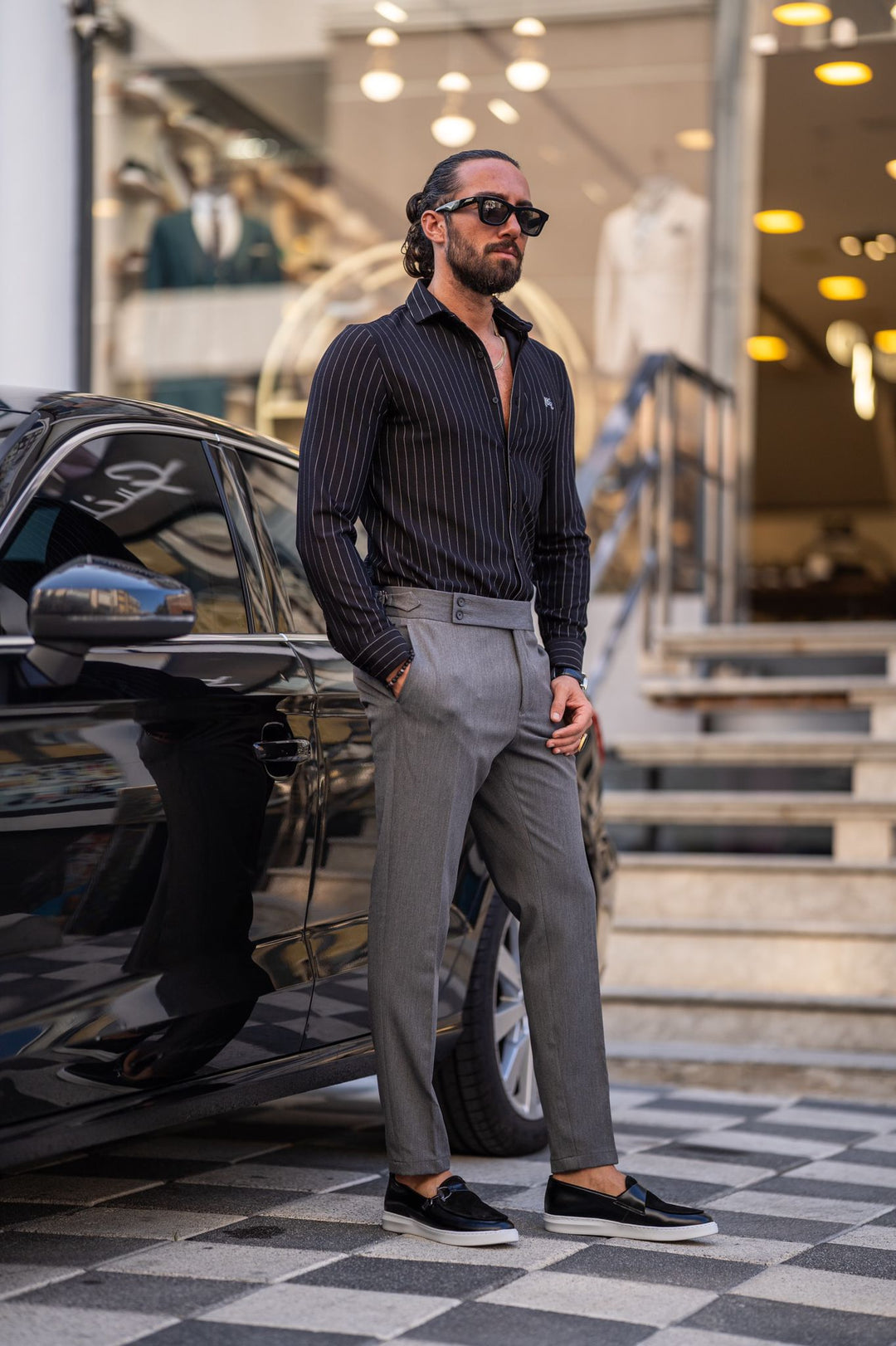 Special Design Slim Fit Line Detailed Long Sleeve Shirt - Black