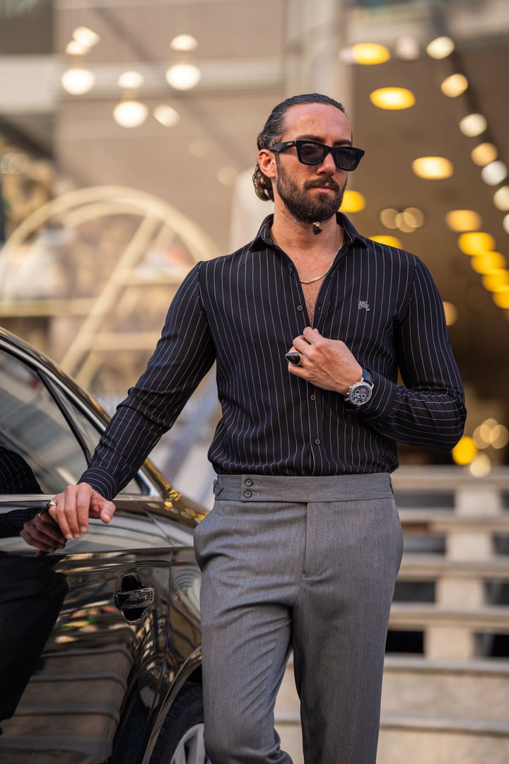 Chemise à manches longues détaillée avec ligne de coupe ajustée au design spécial - Noir