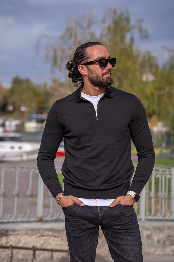 Specially Designed Slim Fit Zipper Detailed Knitwear - Black