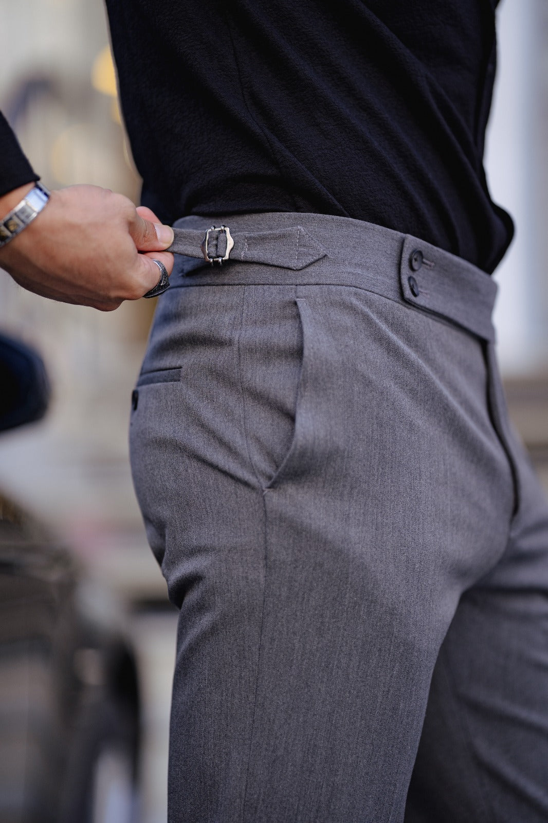 Slim Fit Fabric Trousers With Special Design Belt Detail - Gray