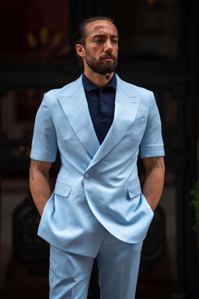 Wide Collar Short Sleeve One Button Slim Fit Suit - Blue