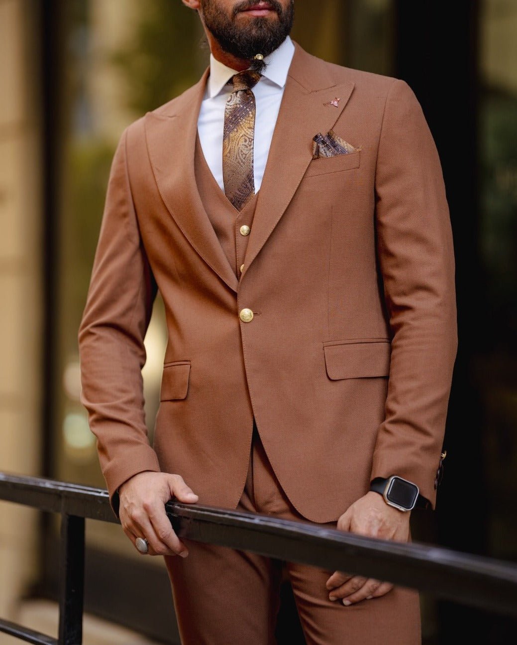 Gold Detailed Slim Fit Suit - Tile