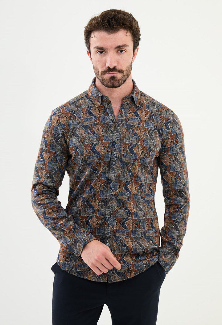 Special Design Slim Fit Camel-Blue Shirt