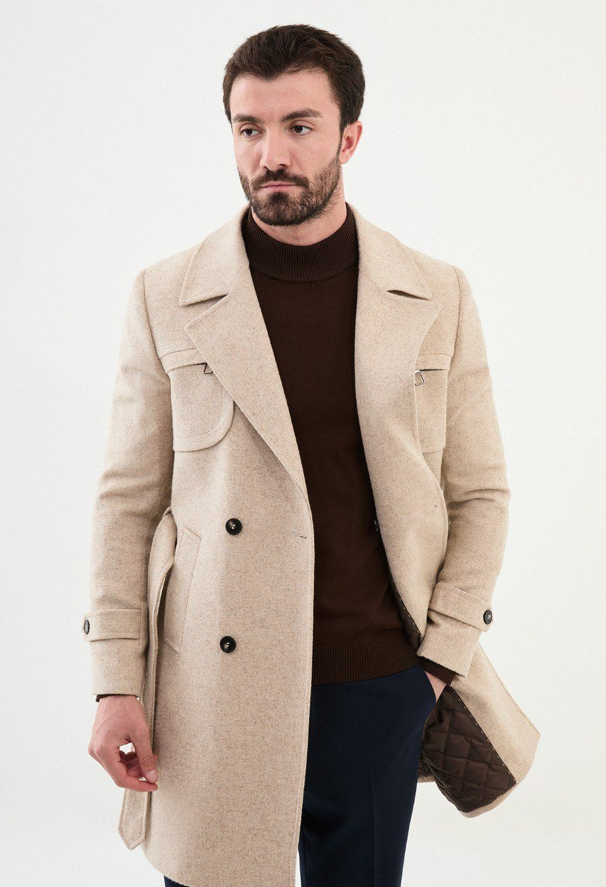 Special Design Slim Fit Beige Coat