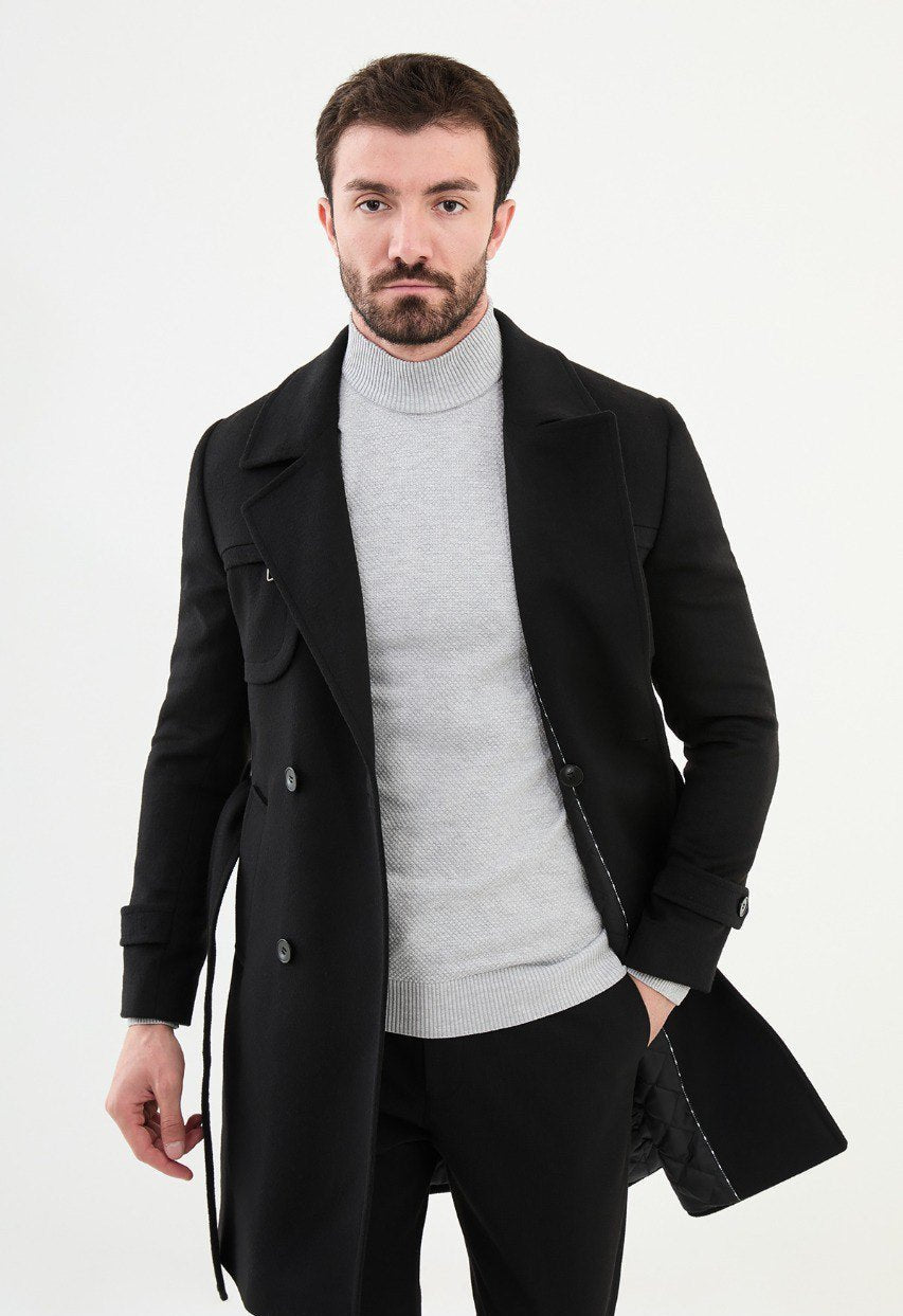 Special Design Slim Fit Black Coat