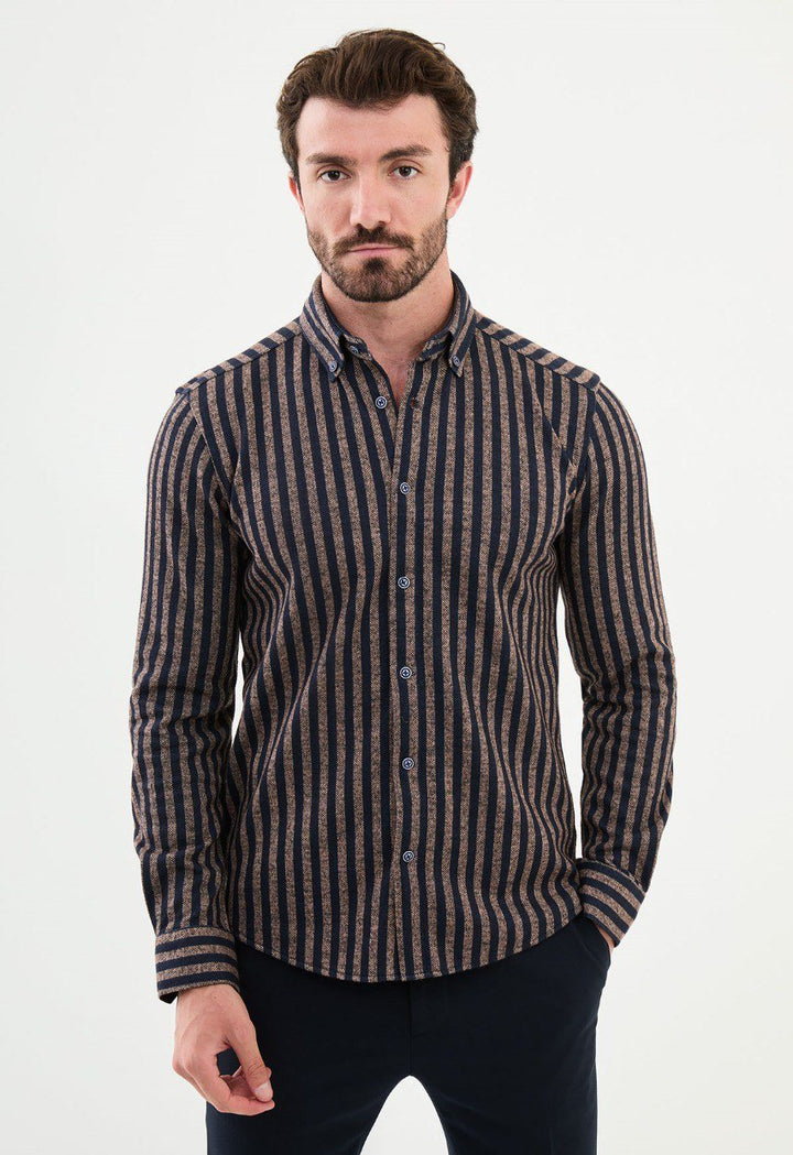 Special Design Slim Fit Beige-Navy Blue Shirt