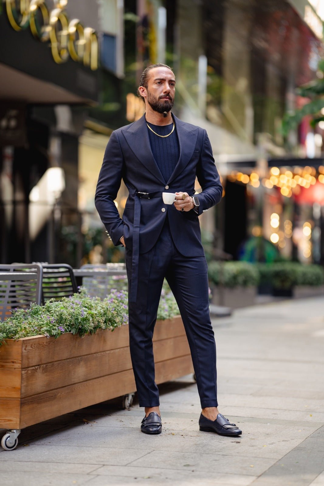 Pointed Collar Belt And Accessory Suit - Navy Blue