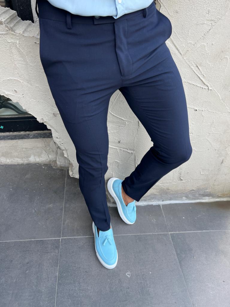 Slim Fit Fabric Trousers With Side Pockets - Navy Blue