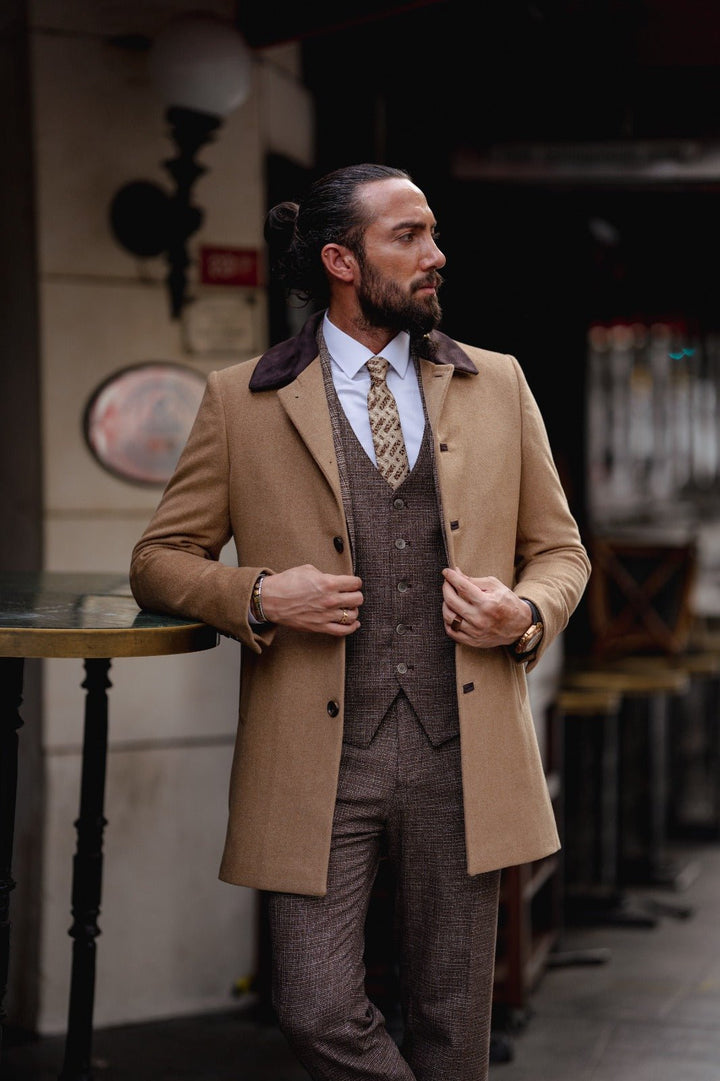 Slim Fit Fur Detailed Slim Fit Wool Coat - Camel