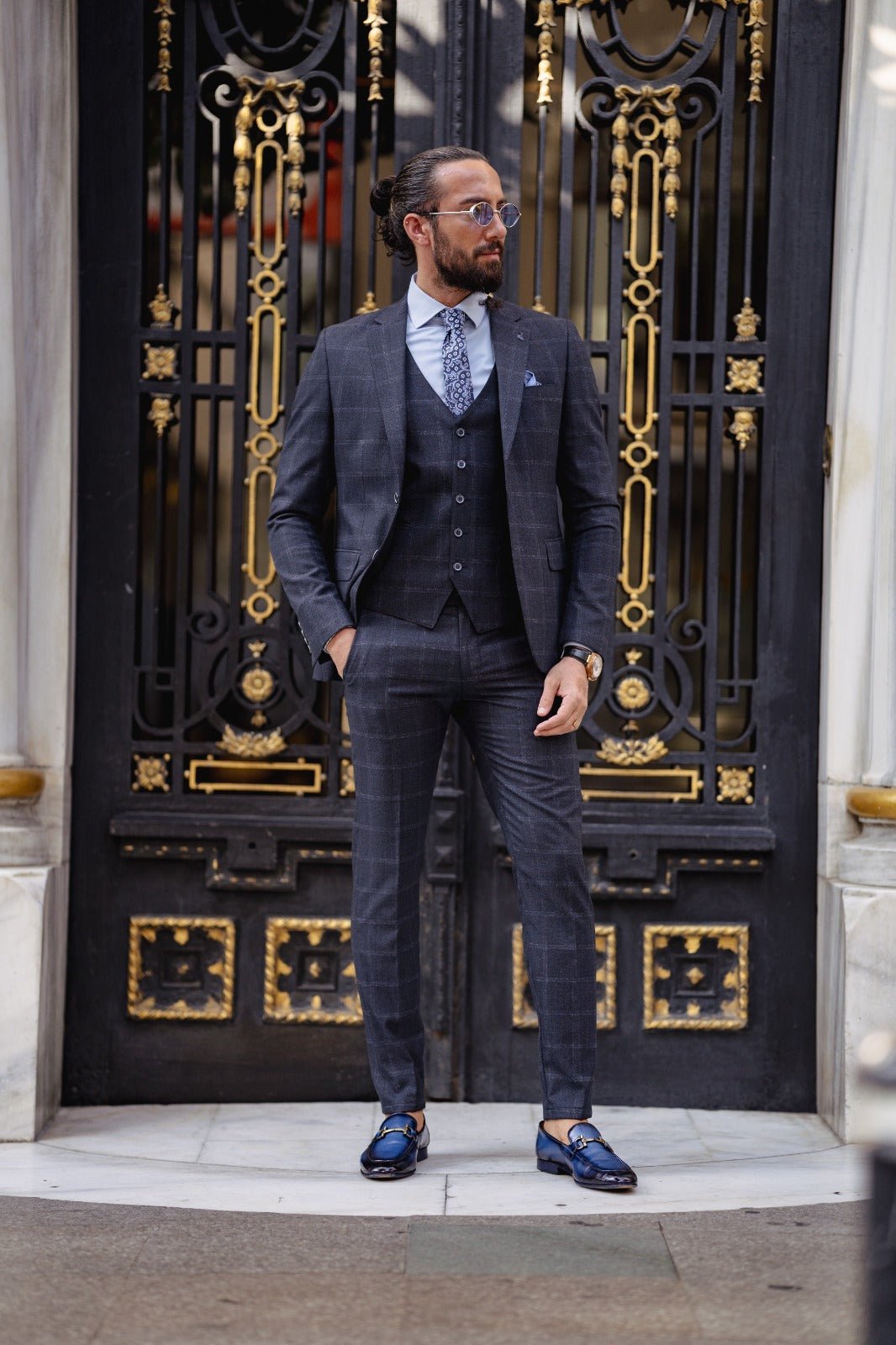 Slim Fit Plaid Detailed Suit - Navy Blue