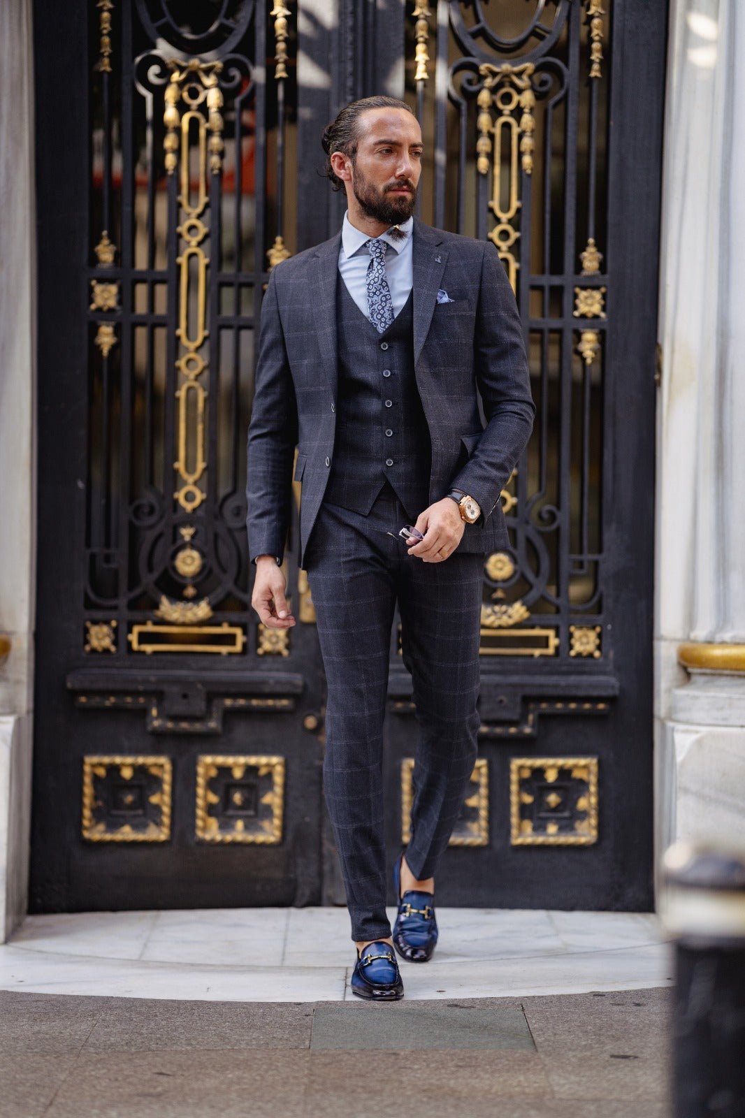 Slim Fit Plaid Detailed Suit - Navy Blue