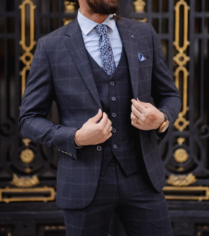 Slim Fit Plaid Detailed Suit - Navy Blue