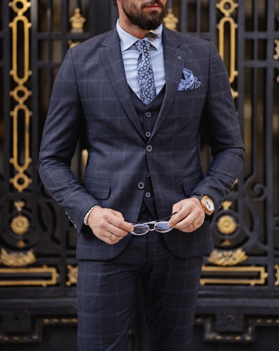 Slim Fit Plaid Detailed Suit - Navy Blue